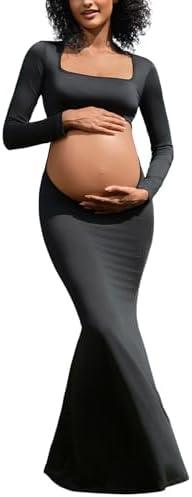 Bhome Maternity Photoshoot Dress Long Sleeve Sexy Cut-Out Backless Maternity Maxi Gown Photography Outfits, Size XL