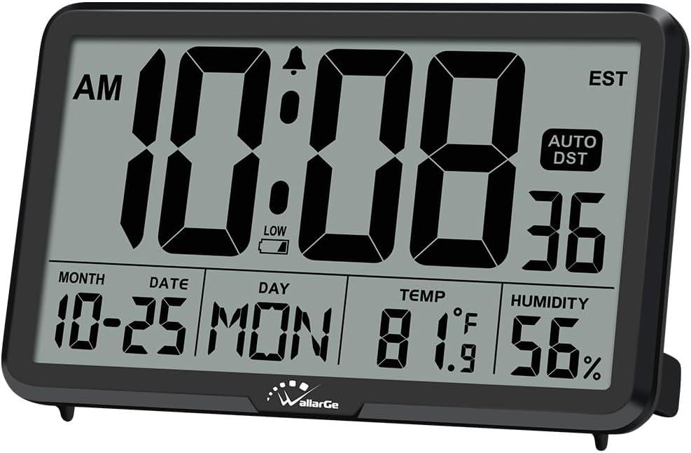 WallarGe Auto Set Digital Wall Clock Battery Operated, Desk Clocks with Temperature, Humidity and Date, Large Display Digital Calendar Alarm Clock for Elderly, Bedroom, Office, 8 Time Zone, Auto DST. (Black)