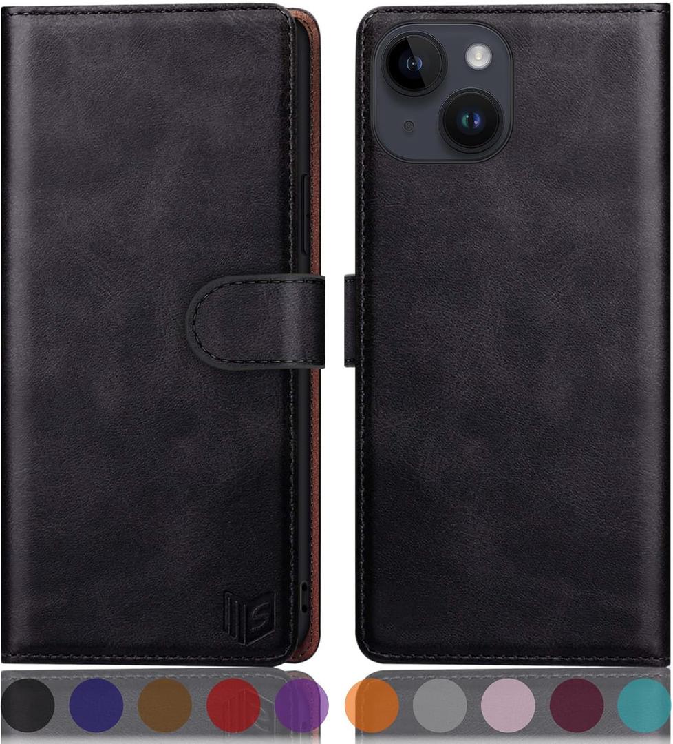 SUANPOT Design for iPhone 15 6.1" Kickstand Protective Wallet case with RFID Credit Card Holder,Flip Folio Book PU Leather Shockproof Cover Women Men for Apple 15 Phone case Black