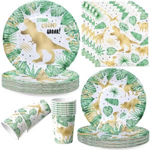 Gold Dinosaur Party Tableware Set - Gold Dino Birthday Party Supplies Includes Dinner Dessert Cake Plates Napkins Paper Cups Serves 20 Guests