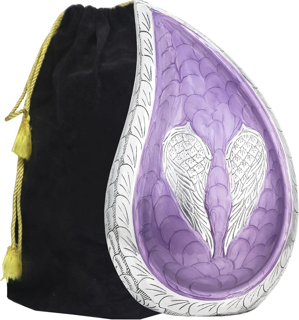 M MEILINXU Cremation Urns for Human Ashes Adult Female & Male, Tear Drop Urn for Ashes for Women & Man, Hand Engraved Angel Wings Urns, Funeral Decorative Urn for Burial, Purple - Large Teardrop