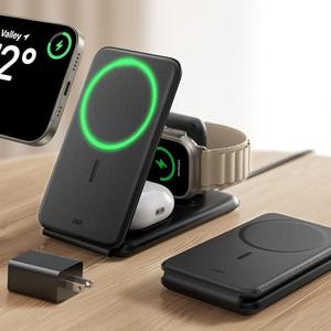 ESR 3 in 1 Charging Station for Apple, Certified Apple Watch Charger, 15W MagSafe Charger Stand for iPhone, Travel Charger for iPhone 17/16/15/14/13, Watch, AirPods,Black