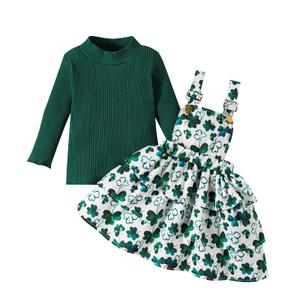 Noubeau Toddler Baby Girl St. Patrick's Day Outfits Green Long Sleeve High Collar Sweatshirt Top Clover Shamrocks Strap Skirt (Dark green, 18-24 Months) (Green)