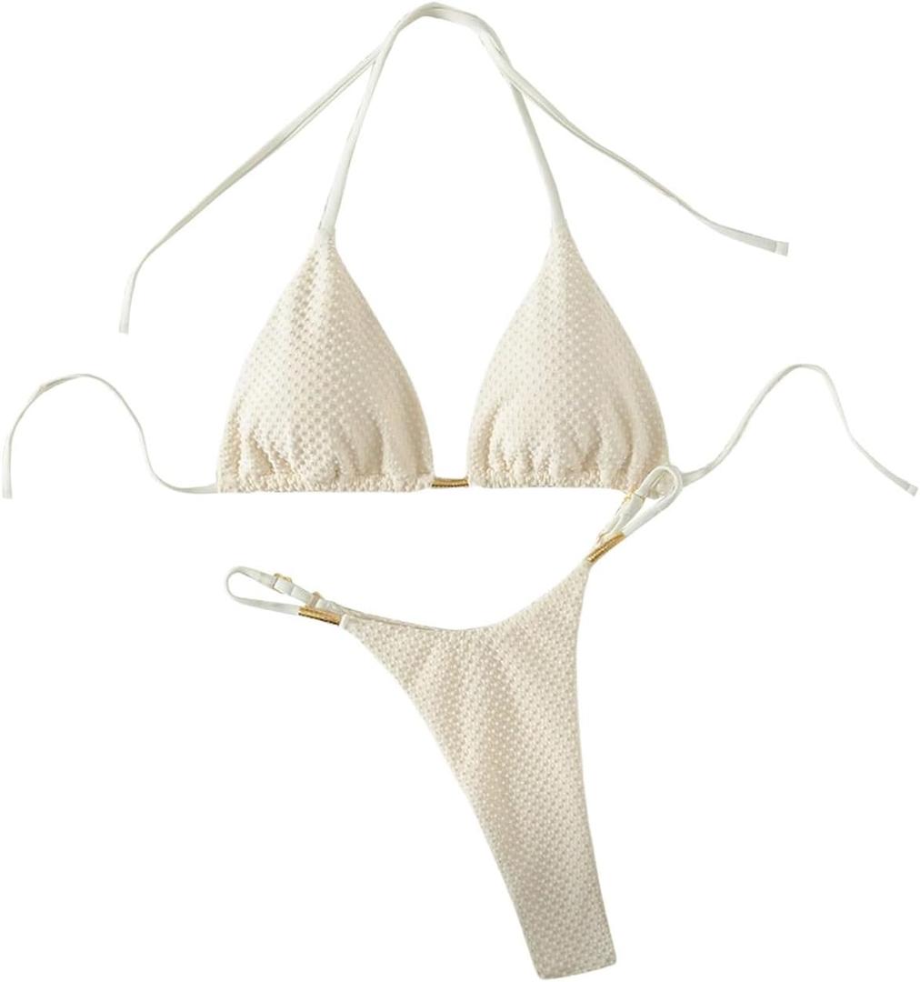 GORGLITTER Women's Thong Bikini Sets Halter Triangle Top High Cut Thong Bikini Bottom Swimsuit Bathing Suit Summer Beach, Small