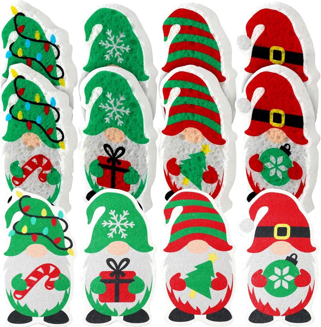 Layhit 12 Pcs Christmas Dish Sponges Cute Kitchen Non Scratch Scrub Sink Sponges Wood Pulp Reusable Household Cleaning Cloth for Kitchen Dishes Furniture(Gnome)