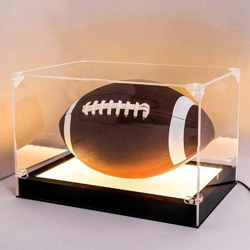 Hodeframe Football Display Case Clear with LED Light, Thickened UV Protection Acrylic Football Holders for Display, Acrylic Display Cases for Football,Memorabilia Display Cases for Signed Football