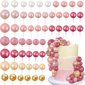 56 PCS Colorful Ball Shaped Cake Topper Pearl Balls Cupcake Cake Insert Topper for Birthday Party Wedding Decoration Supplies(Pink and Seven Colors Series)