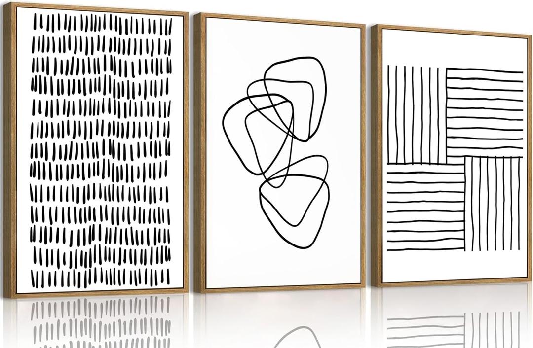 OIQArtOIQ 3 Piece Large Abstract Canvas Wall Art For Living Room Black and White Lines Geometric Framed Wall Art Mid Century Modern Minimalist Art Prints Artwork For Bedroom Office Dining Room 12x16 in