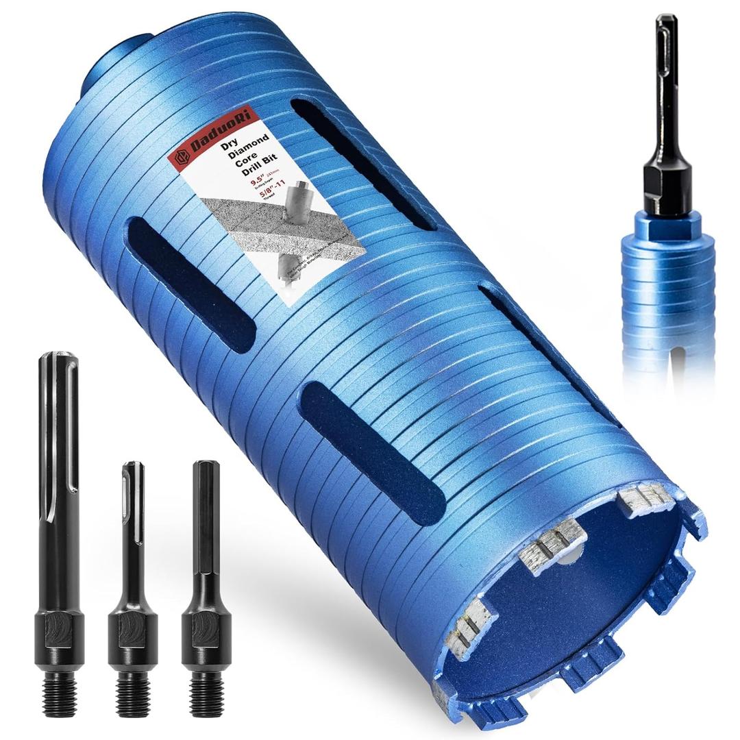 4 1/4" Dry Core Drill Bit, 5/8"-11 Thread, with 3 Adapters Included: SDS Plus, SDS Max and 1/2" Hex Shank, 9.5" Drilling Depth, 4.25in Core Bits for Concrete, Brick, Block, Stucco and Masonry