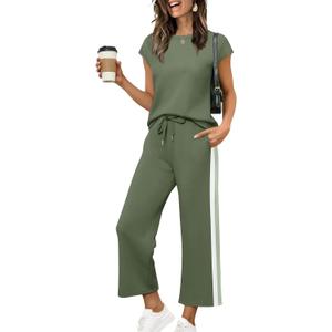 Sampeel Two Piece Sets for Women Summer Vacation Outfits Cap Sleeve Tops Lounge Matching Sets Clothing Beach Fashion Clothes (Green, XL)