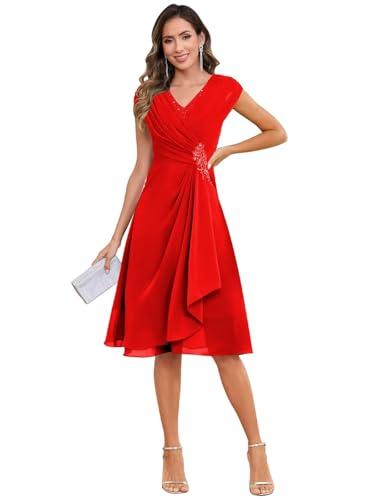 OFEYCHUN Lace Chiffon Mother of The Bride Dress Red Cap Sleeves Formal Dress Ruffle Evening Gowns Size 12