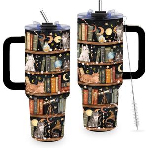 Book Lovers Gifts 40oz Tumbler, Library Cat Tumbler for Friend Book Lover, Bookish Gifts for Readers Librarian, Christmas Birthday Gift for Women, Book Accessories Stainless Steel Travel Mug
