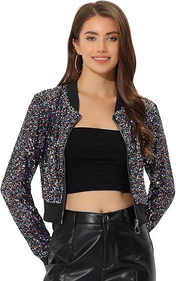 Allegra K Women Cropped Sequin Jacket 2025 Long Sleeve Front Zip Glitter Sparkly Bomber Jackets Party Disco Outfit Medium