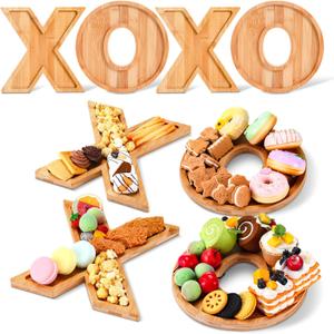 4 Pcs Valentine Wooden XOXO Shaped Charcuterie Board Letters Fillable XOXO Shaped Serving Platters Bamboo Valentine's Day Decorative Tray Plates for Snack Cake Candy Cookies Party Decor