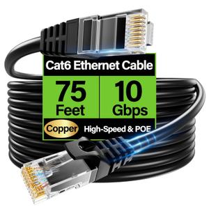 Cat6 Ethernet Cable 10Gbps 75 ft, UTP Ethernet Cable Cat 6, Flexible Bare Copper Cat6 Cable, Cat 6 Network Cable for Server, Data Center, Black