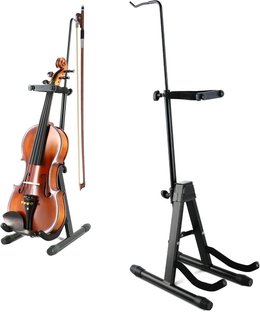 ROWELL Violin Stand Violin Stands with Bow Holder Foldable Portable Viola Stand Height Adjustable Violin Stand with Head Protection Lock &Anti-slip Foot Covers (Black)