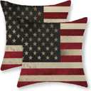 4th of July Pillow Covers 18x18 Inch Set of 2, Vintage American Flag Decor Patriotic Throw Pillows Memorial Independence Day Pillowcase Outdoor Decorations Linen Cushion Case for Couch Sofa