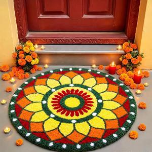 24 Inch Rangoli Doormat Indian Pooja Decorations for Home, Orange Mandala
Ganesh Chaturthi Flower Bathroom Rug with TPR Backing, Diwali Varalakshmi Mehndi Decor for Entrance Housewarming Wedding Gift