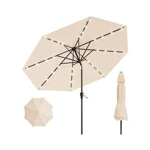 9FT Solar Umbrella 32 LED Lighted Patio Umbrella Table Market Umbrella w/Tilt and Crank, UV-Resistant Outdoor Umbrella for Pool, Garden, Deck, Beige