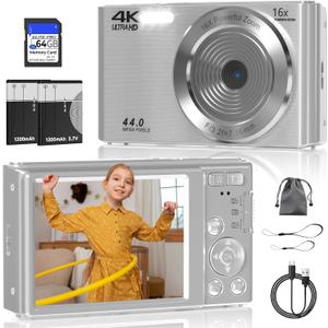 Digital Camera, FHD 4K 44MP Digital Camera, 16X Digital Zoom, Digital Point and Shoot Camera with 3-LED Fill Lights, 64GB SD Card, Compact Camera for Kids Teen Boys Girls, Sliver Digital Camera, FHD 4K 44MP Digital Camera, 16X Digital Zoom, Digital Point and Shoot Camera with 3-LED Fill Lights, 64GB SD Card, Compact Camera for Kids Teen Boys Girls, Sliver