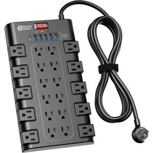 Power Strip, SUPERDANNY Surge Protector with 22 AC Outlets and 6 USB Charging Ports, 1875W/15A, 2100 Joules, 6.5Ft Flat Plug Heavy Duty Extension Cord for Home, Office, Dorm, Gaming Room, Black