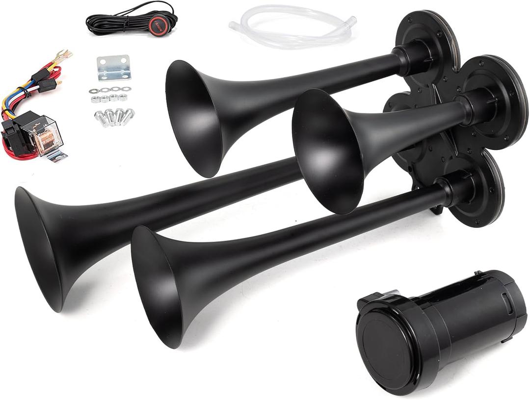Truck Horn 150dB 4 Trumpet Train Horns Kit for Truck 12V Air Horn for Trucks Super Loud Train Horns with Compressor for VehicleTrain Boat (black with air pump Wire harness and buttons, 12v)