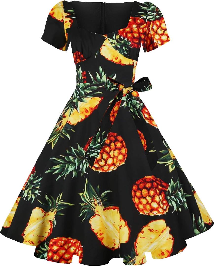 GOOBGS Women's 1950s Vintage Puff Sleeves Cocktail Rockabilly Swing Retro Dress with Pockets New (Medium, Black Pineapple)