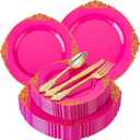 125PCS Hot Pink Plastic Plates - Pink Disposable Plate - Elegant Party Plates with Gold Plastic Silverware Sets for 25 Guests for Wedding & Birthday Party & Baby Shower