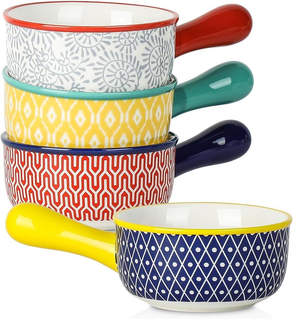 Selamica Ceramic Soup Crocks With Handles, 15 OZ French Onion Soup Bowls, Oven Safe Soup Bowls For Cereal, Stew, Chilli, Pot Pies, Baking, Microwave Dishwasher Safe, Set of 4, Assorted Colors