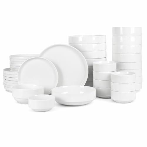 Gibson Home Rothernberg 12-Piece White Porcelain Dinnerware Set, Stackable Plates and Bowls, Durable Kitchen Dinner Set