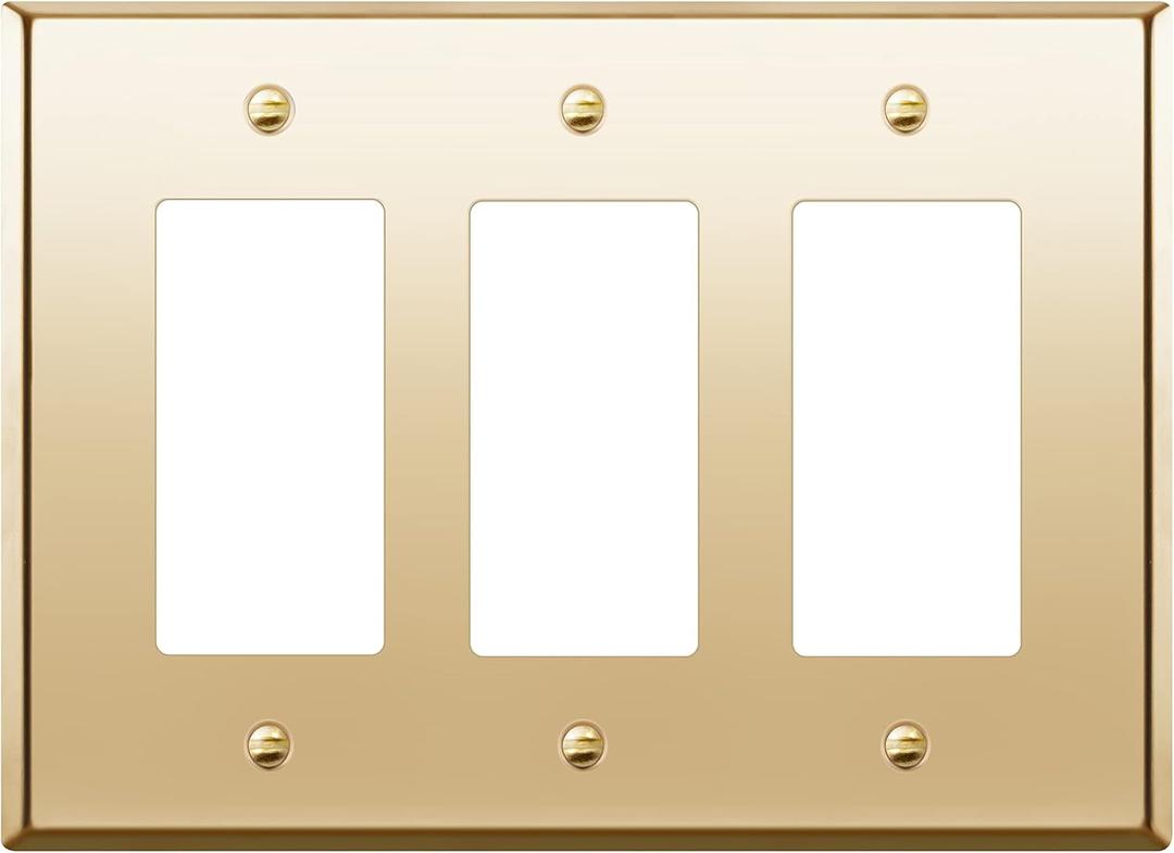 ENERLITES Triple Decorator Metal Wall Plate, Decorator Switch Receptacle Cover, Corrosion Resistant, Stainless Steel 201, Mid-Size 3-Gang 4.88" x 6.77", UL Listed, 7733M-PB, Polished Brass