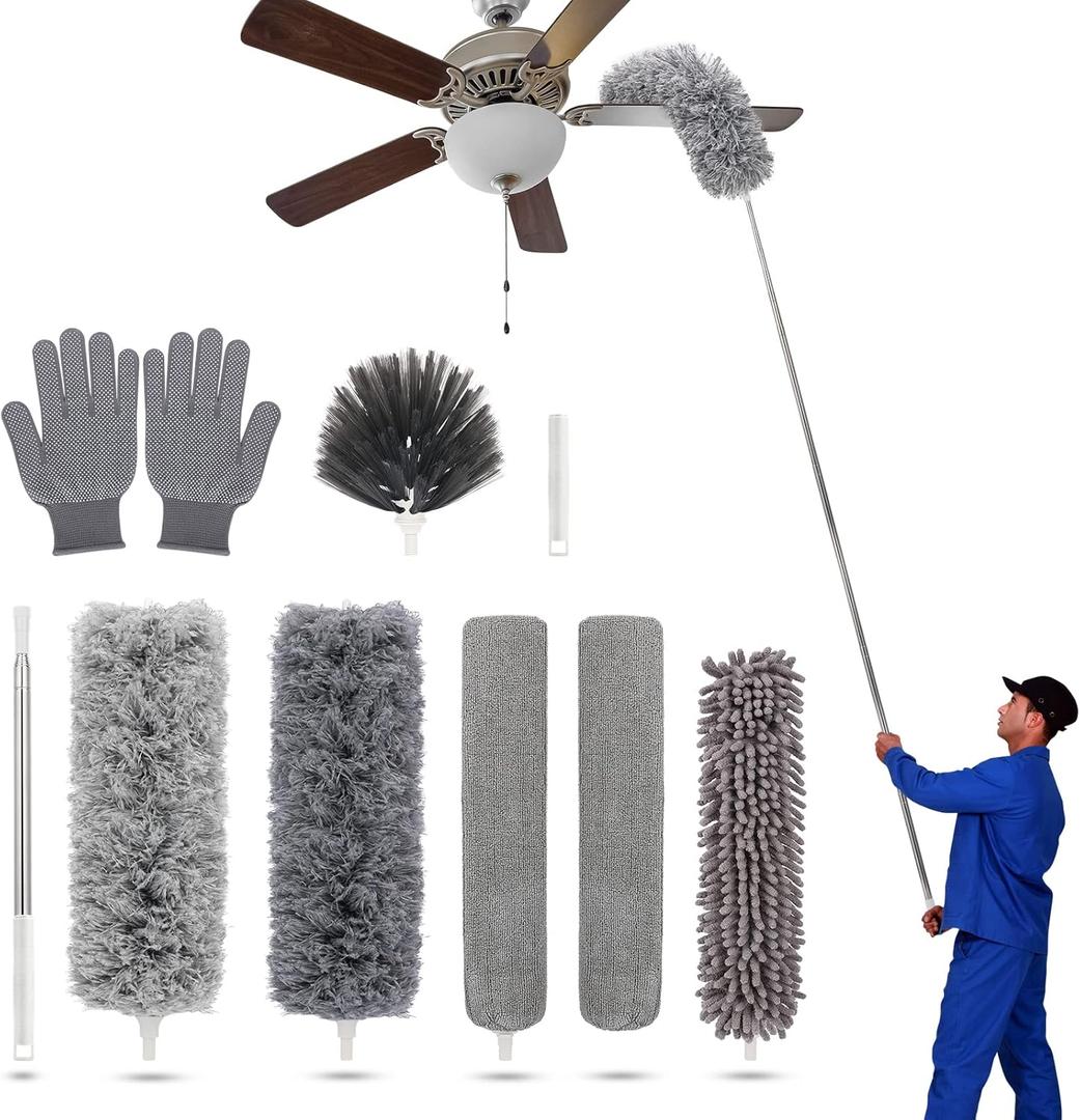 Duster with Extension Pole for Cleaning Ceiling Fans, High Ceilings, in Addition, Dusters for Cleaning Can Also Be Used for Low Places Cleaning, Such As Cabinets, Sofas, and Other Small Spaces. Gray