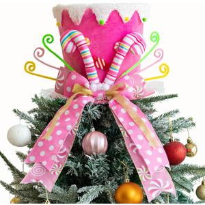 Christmas Tree Topper Hat, Candy Canes Tree Topper, Pink Tree Topper Christmas Decorations with Bow Ribbon Christmas Tree Ornaments for Home Decor