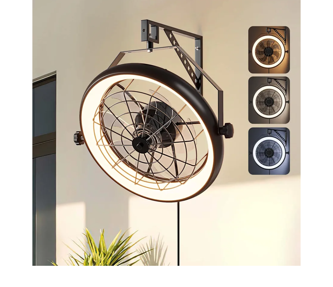 Wall Mounted Fan with Lights, 23” Wall Mount Fan with Remote, 6 Speeds Plug in Wall Fan, Reversible, 3CCT, Dimmable, Noiseless, 360°Adjustable Tilt for Workshop, Patio, Home