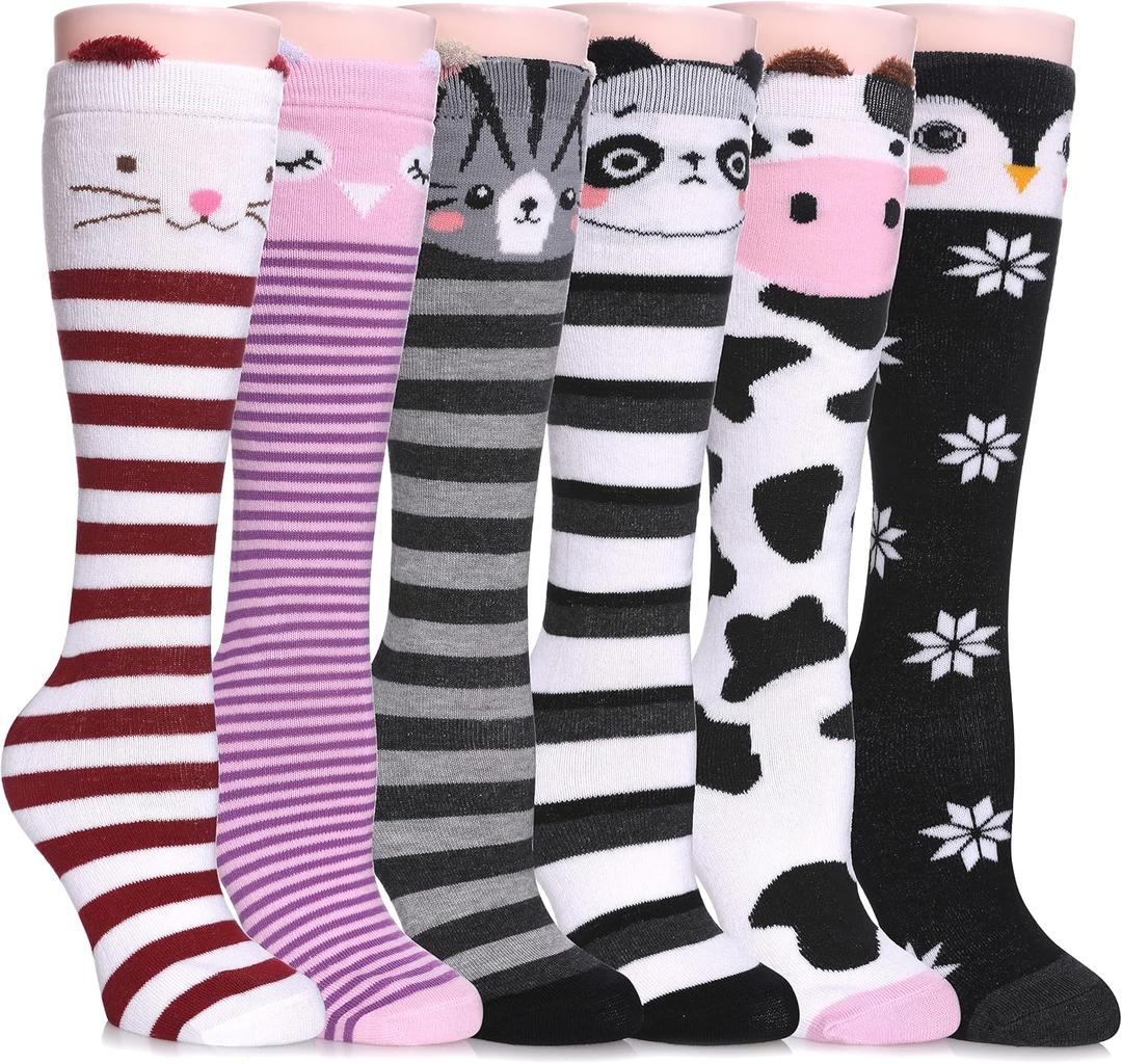 FNOVCO Girls Knee High Socks Kids Crazy Fun Gift Cute Animal Patterns Cotton Long Socks 6 Pairs (3-12 Years)