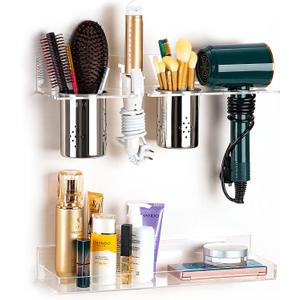 Hair Tool Organizer Wall Mount, Set of 2 Acrylic Hair Dryer Holder, Bathroom Vanity Organizers and Storage for Curling Iron, Hot Tools, Blow Dryer and Makeup Products