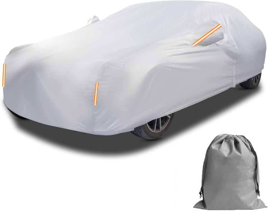 Caromop 10-Layer Waterproof Car Cover All Weather Protection (Snow, Rain, Sun) with Secure Fit Straps and Easy On/Off Zipper-Size A4 (See Size-Chart) (Reflective)