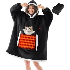 JOYWOO Wearable Heated Blanket Hoodie,Oversized Cordless Portable Heating Hooded Blanket Cat Lovers,Christmas Gifts for Women,Men,Mom,Cozy Sherpa Electric Blankets Throw for Adult Outdoor,Black