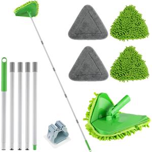 Wall Cleaner Triangle Mop with 82'' Long Handle - Wall Scrubber, Cleaning Washer Tool with 4 Microfiber Chenille Duster Pads for Clean Walls, Ceiling, Windows, Baseboards, Floors (Green)