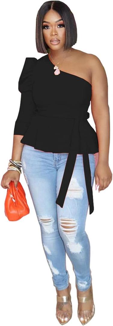 Ekaliy Women Sexy One Shoulder Sleeveless Bodycon High Low Asymmetrical Ruffle Tunics Blouse Shirt Top Dress (3X-Large, 2#black)