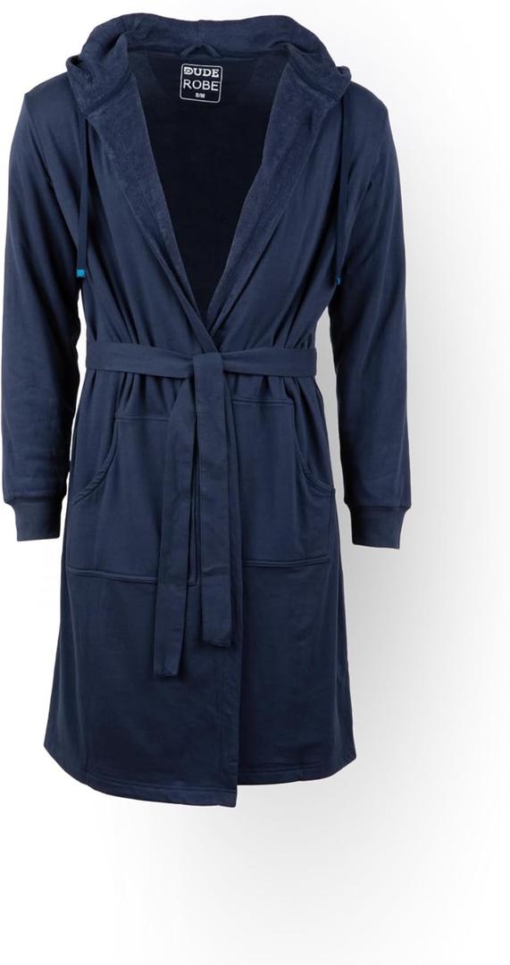 DudeRobe Mens Hooded Bathrobe with Pockets, From Shark Tank, Soft, Comfy & Absorbent Cotton Robe for After Shower & Lounging (Large-X-Large, Navy Blue)