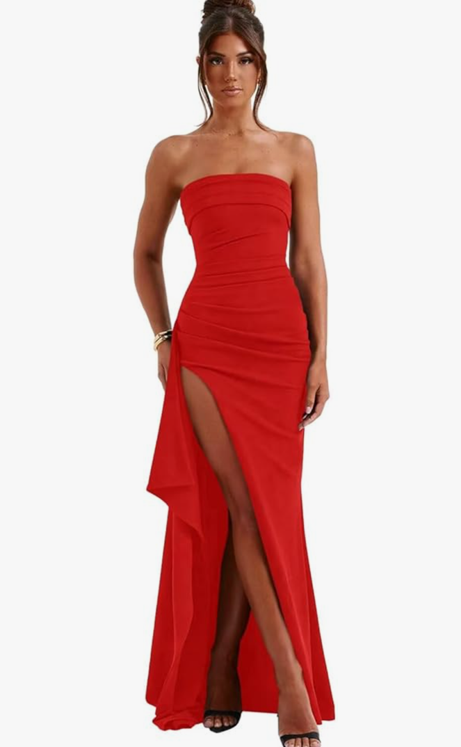 Eightale Strapless Long Prom Dresses Satin Mermaid Ruffle Split Maxi Formal Gown for Women, S, 36, Red 