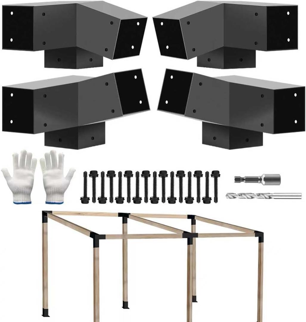 3-Way Pergola DIY Bracket,15° Up and 75° Down Slant Angle Brackets for 4" x 4"(Actual:3.5" x 3.5") Lumber for Outdoor Pergola,Proch,Log Cabin W/Hardware - 4Pack…