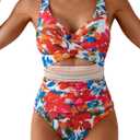 B2prity One Piece Swimsuit for Women Tummy Control V Neck Bathing Suit Color Block High Waisted Cutout Swimwear, Red Floral , Large