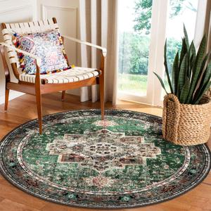 Round Rug 4ft for Bedroom, Green Washable Circle Rug Non-Slip Boho Area Rug 4' Round Carpet for Dining Room Kitchen Dorm Bathroom Low Pile Soft