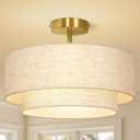 OUTON 16" Semi Flush Mount Ceiling Light Double Drum Gold 3-Light, Modern Linen Fabric Shade Ceiling Light Fixture for Living Room, Bedroom, Kitchen, Dining Room, Hallway and Entryway