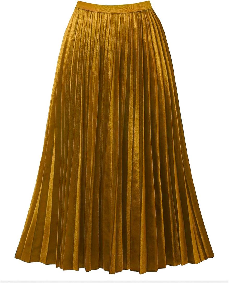 GOOBGS Women's Pleated A-Line High Waist Swing Flare Midi Skirt (L)