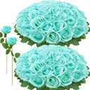 72 Pcs Artificial Roses Turquoise Fake Silk Roses Realistic Roses Faux Flower Indoor Wedding Home Decor, Birthday Decorations