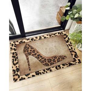 Floor Door Mats Shag Carpet Leopard Print Sexy Female High Heels,Non Slip Super Soft Bath Rugs Vintage Brown Animal Skin Texture,Shaggy Fuzzy Area Rug for Kitchen/Bathroom/Bedroom/Living Room Decor