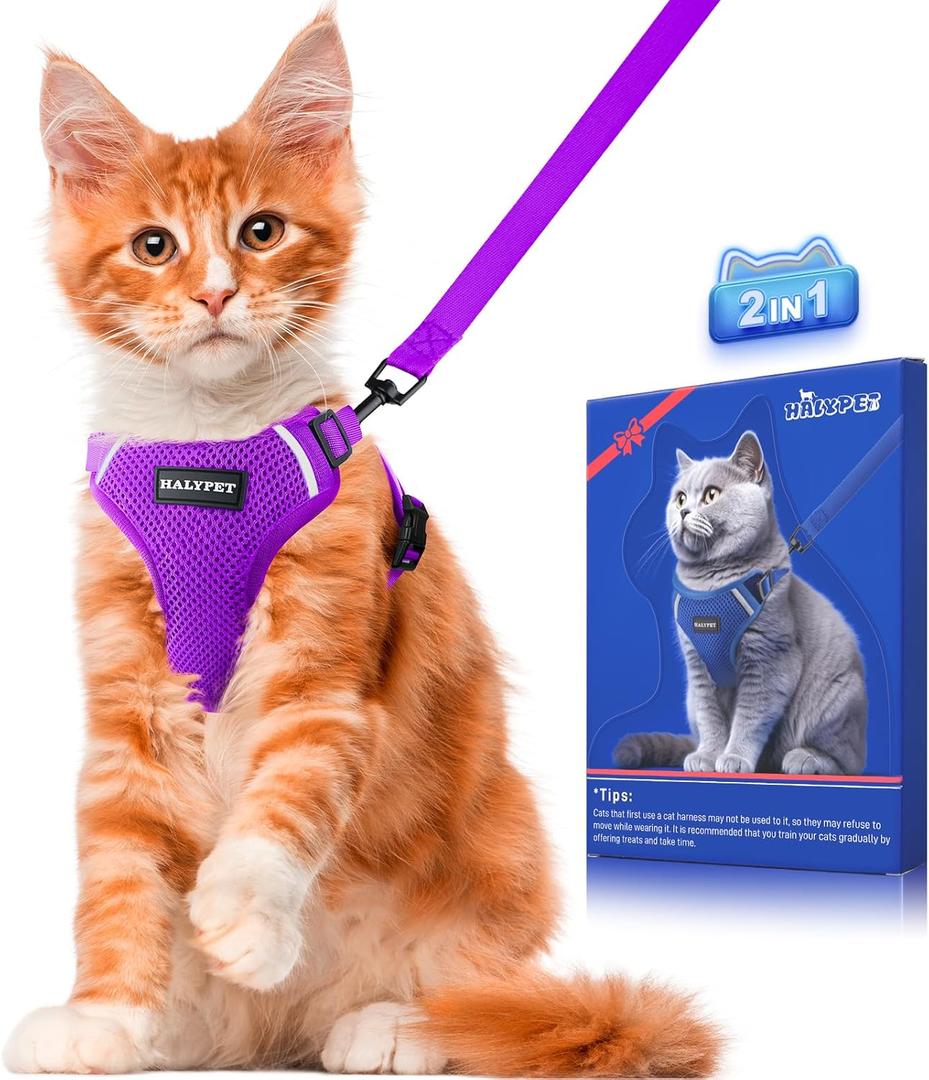 Halypet Cat Harness and Leash Set [ MAX Safety Third Generation ] Escape Proof Soft Adjustable Cat Leash Breathable Comfortable Vest Easy to Wear Kitten Harness for Outdoor Walking Purple Small (Small (7-12lb))